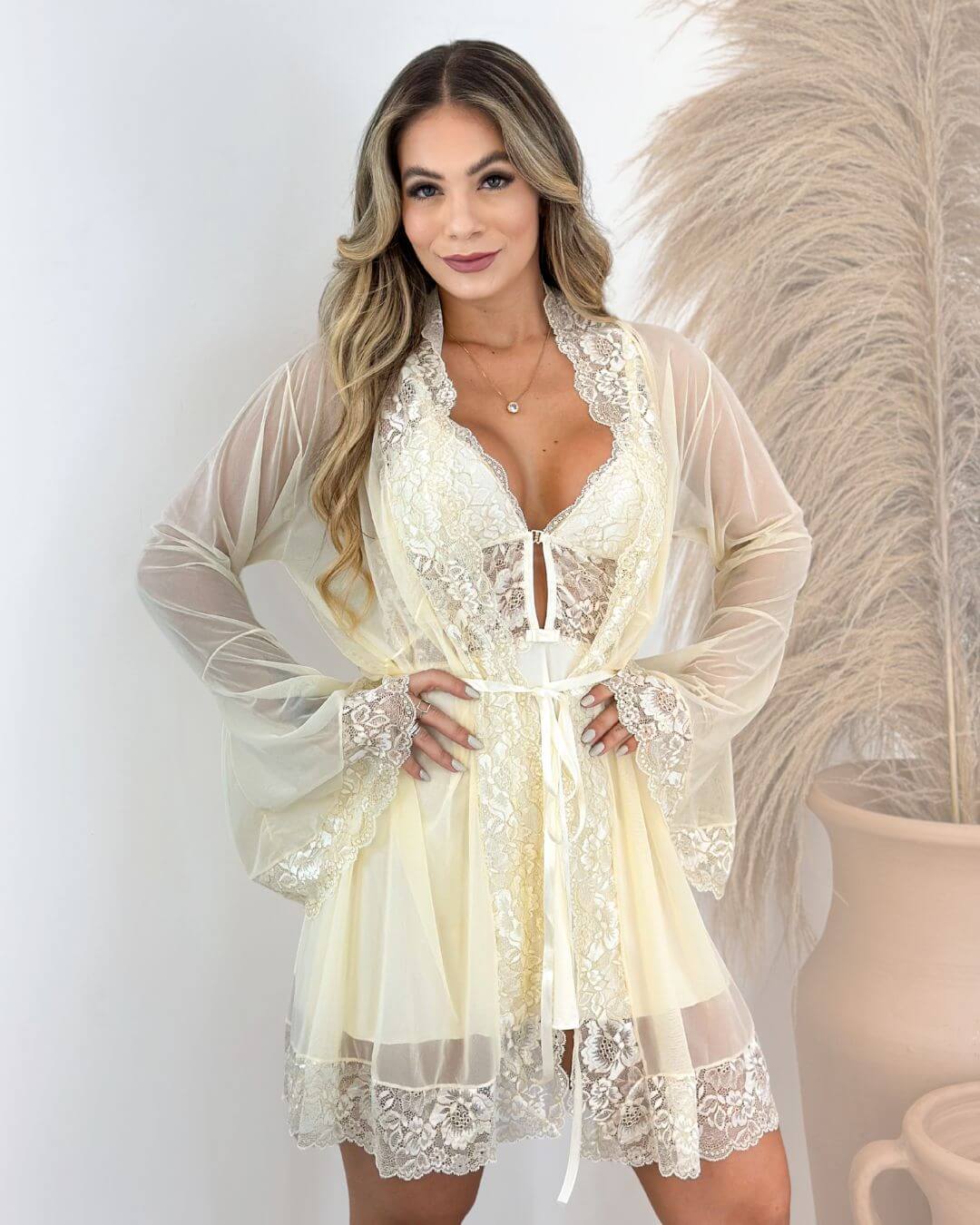 J’adore Nightgown + Panties + Robe Set in Tulle and Lace