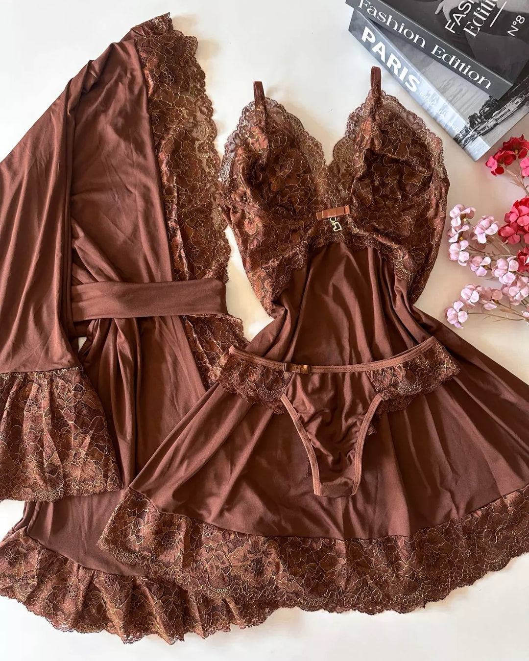 Noix Royale Set - Nightgown + Robe and Panties